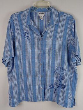 VTG Bonworth Womens LP Blue White Plaid Embroidered Short Sleeve Button Up Shirt